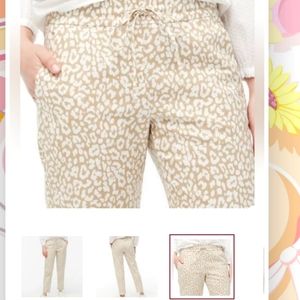 J CREW Tan Ivory Leopard Print Linen-Cotton Drawstring Pants Size 8